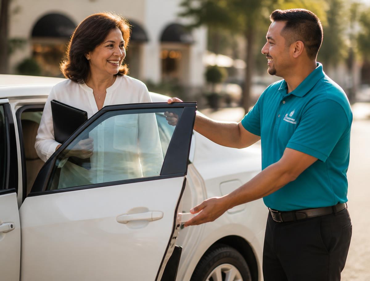 Driver opening the car door for a passenger heading to an appointment